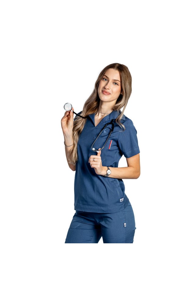 Costum medical stretch polo jeans, cu bluza in V si pantaloni tip jogger, cu snur si elastic