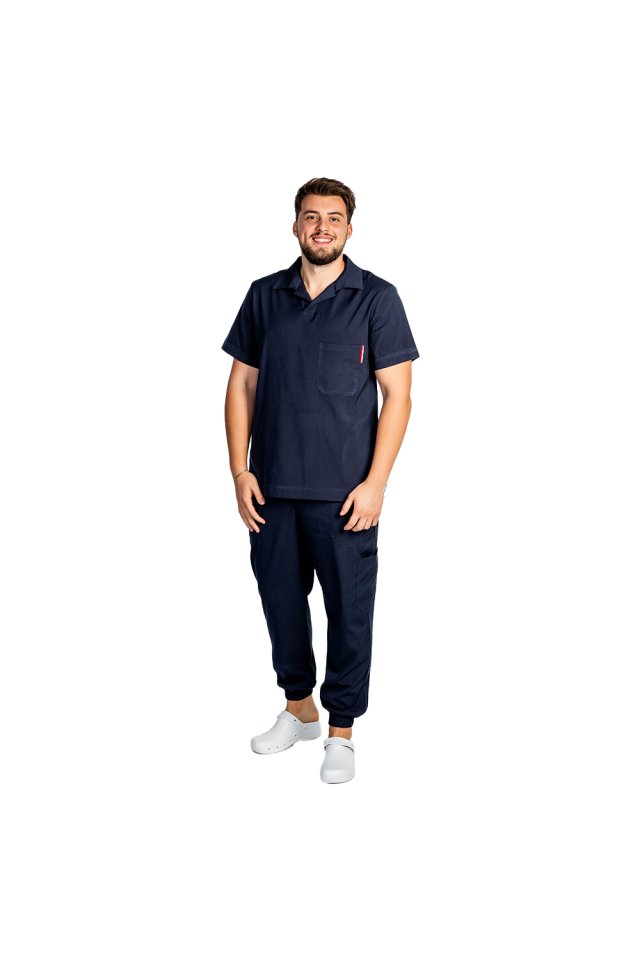 Costum medical stretch polo barbati bleumarin, cu bluza in V si pantaloni tip jogger, cu snur si elastic