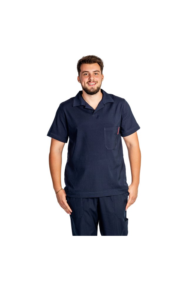 Costum medical stretch polo barbati bleumarin, cu bluza in V si pantaloni tip jogger, cu snur si elastic