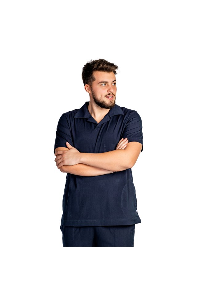 Costum medical stretch polo barbati bleumarin, cu bluza in V si pantaloni tip jogger, cu snur si elastic