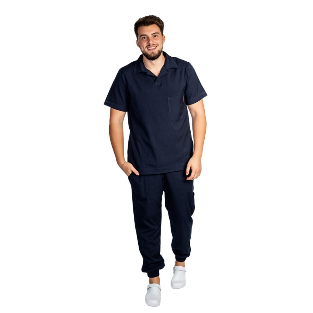 Costum medical stretch polo barbati bleumarin, cu bluza in V si pantaloni tip jogger, cu snur si elastic