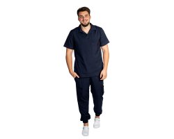 Costum medical stretch polo barbati bleumarin, cu bluza in V si pantaloni tip jogger, cu snur si elastic