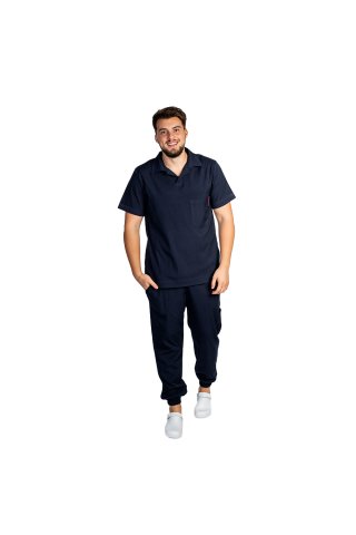 Costum medical stretch polo barbati bleumarin, cu bluza in V si pantaloni tip jogger, cu snur si elastic