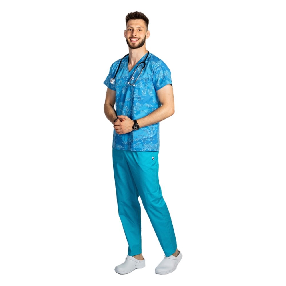 Costum medical Blue Army, barbati, format din bluza si pantaloni cu elastic