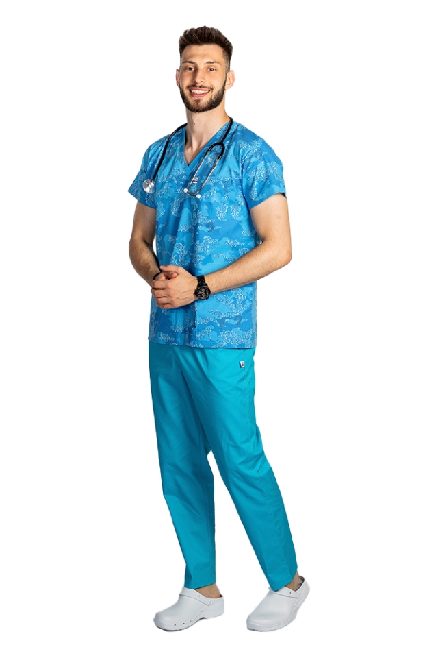 Costum medical Blue Army, barbati, format din bluza si pantaloni cu elastic