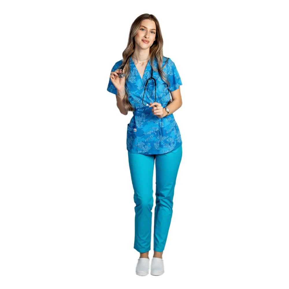 Costum medical kimono Blue Army, bluza cu imprimeu si pantaloni cu elastic