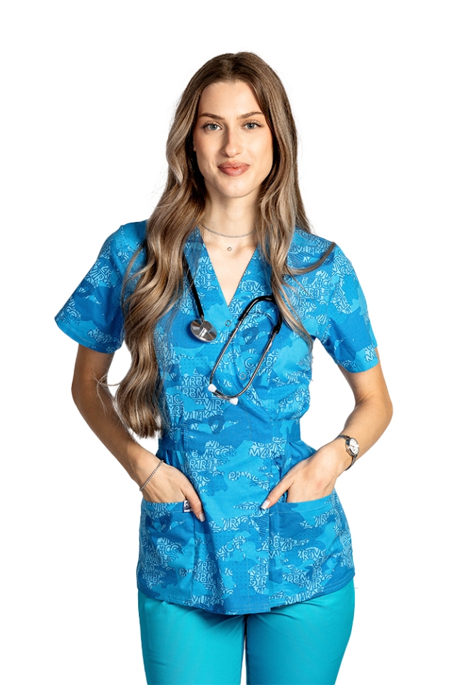 Costum medical kimono Blue Army, bluza cu imprimeu si pantaloni cu elastic