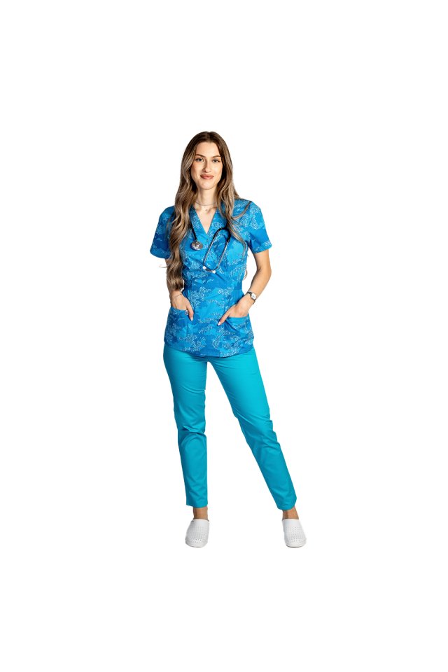 Costum medical kimono Blue Army, bluza cu imprimeu si pantaloni cu elastic