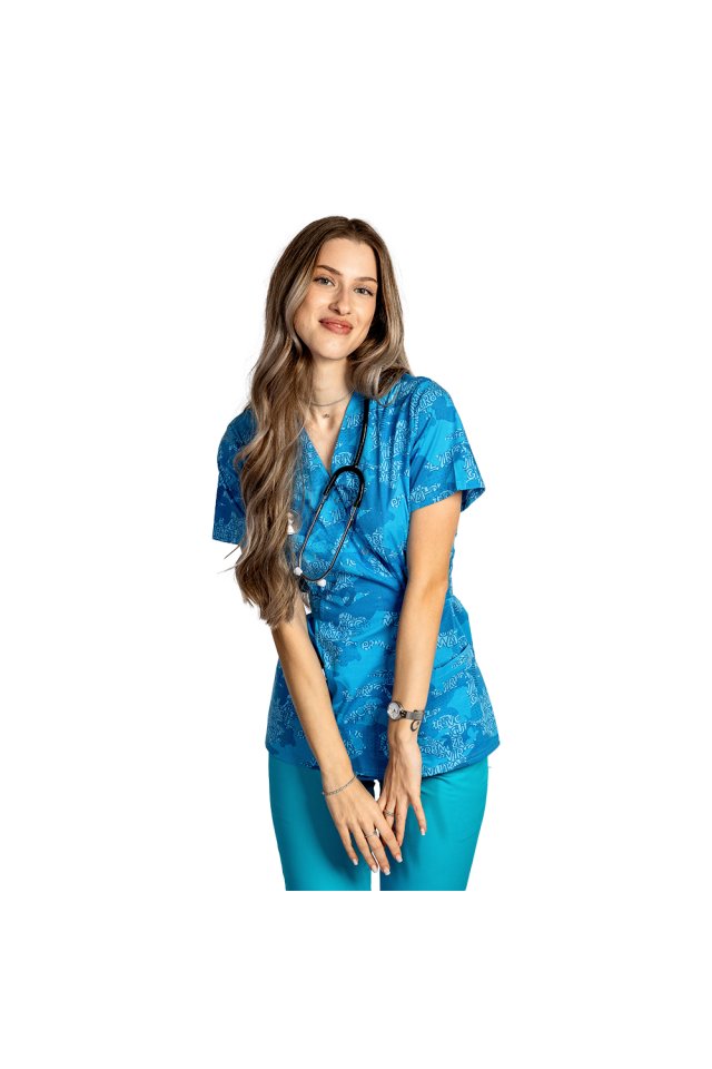 Costum medical kimono Blue Army, bluza cu imprimeu si pantaloni cu elastic