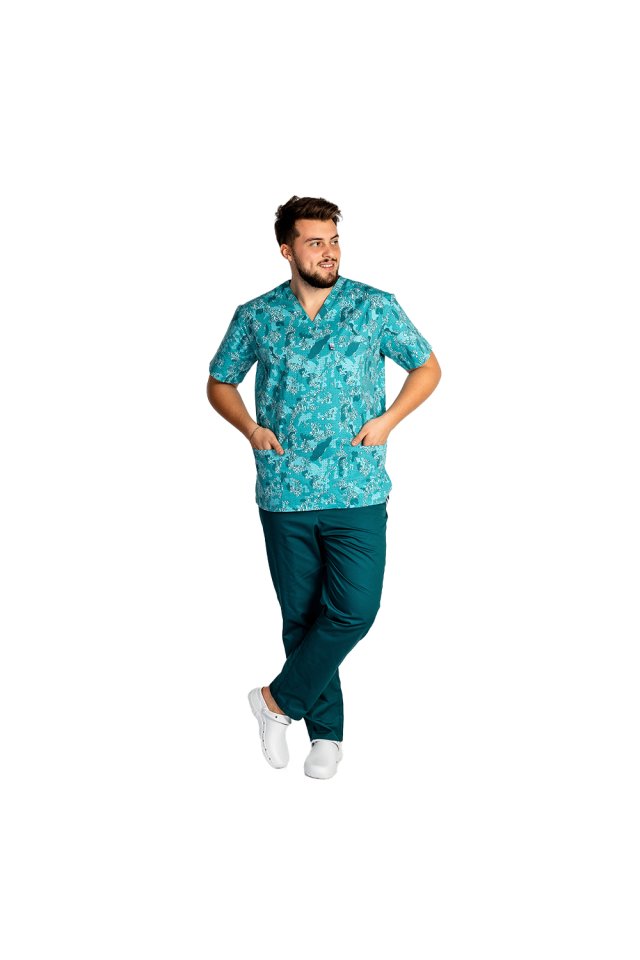 Costum medical Green Army, barbati, format din bluza si pantaloni cu elastic