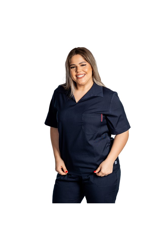 Costum medical stretch polo bleumarin, cu bluza in V si pantaloni tip jogger, cu snur si elastic