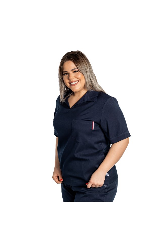 Costum medical stretch polo bleumarin, cu bluza in V si pantaloni tip jogger, cu snur si elastic