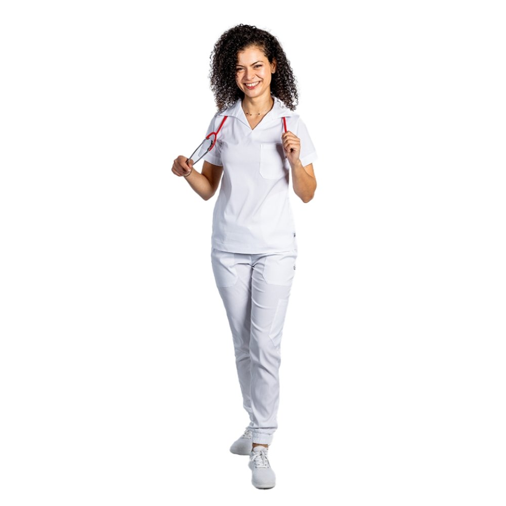 Costum medical stretch polo alb, cu bluza in V si pantaloni tip jogger, cu snur si elastic