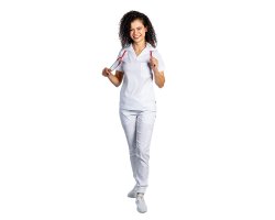Costum medical stretch polo alb, cu bluza in V si pantaloni tip jogger, cu snur si elastic