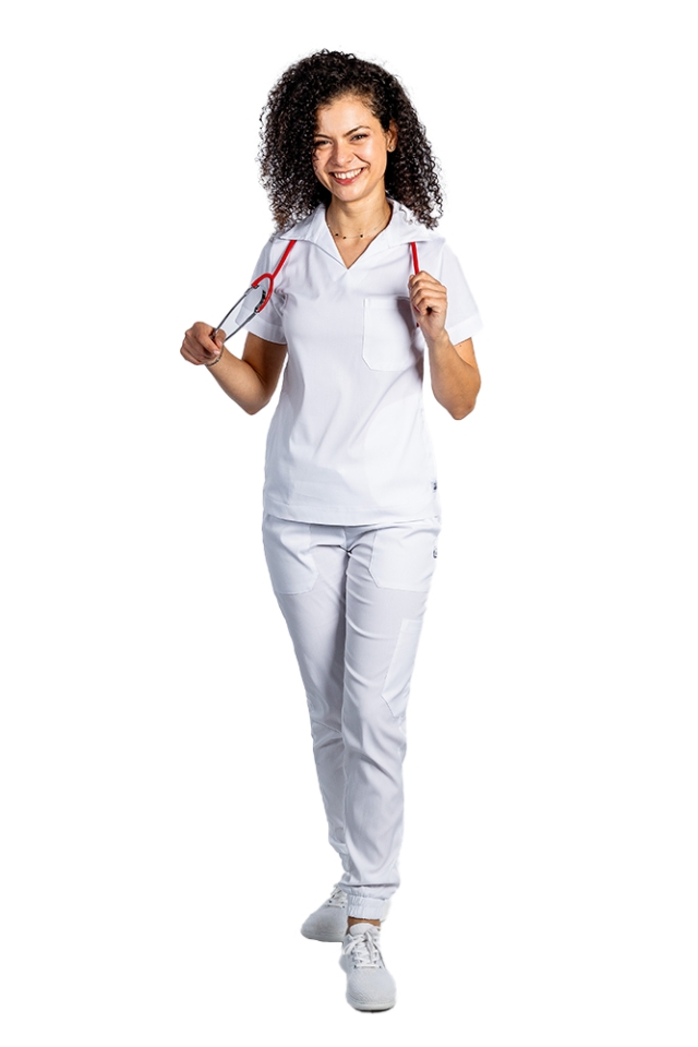 Costum medical stretch polo alb, cu bluza in V si pantaloni tip jogger, cu snur si elastic..