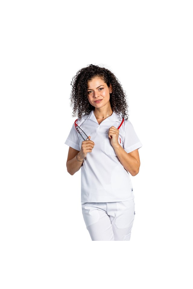 Costum medical stretch polo alb, cu bluza in V si pantaloni tip jogger, cu snur si elastic