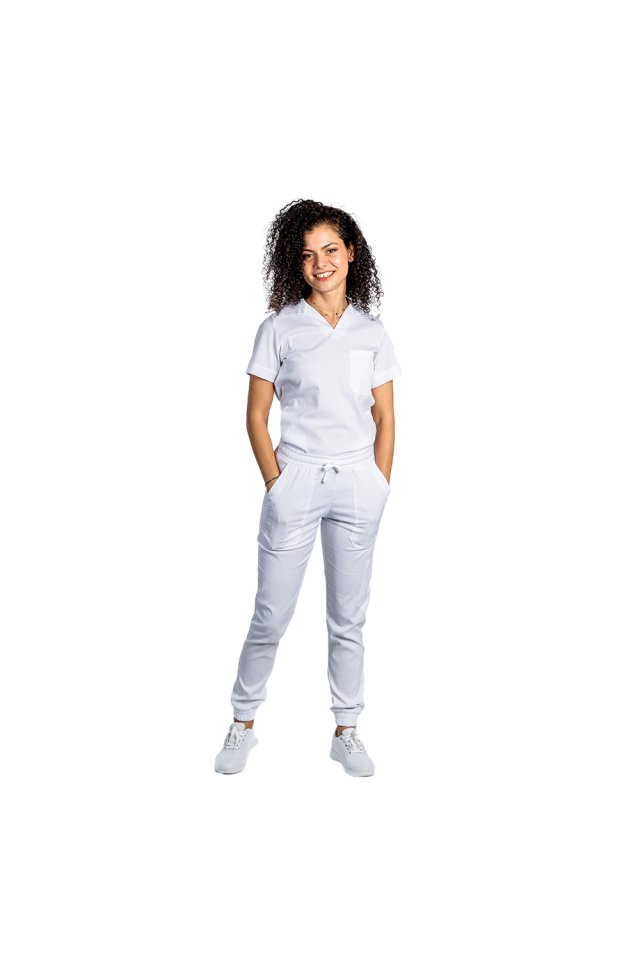 Costum medical stretch polo alb, cu bluza in V si pantaloni tip jogger, cu snur si elastic