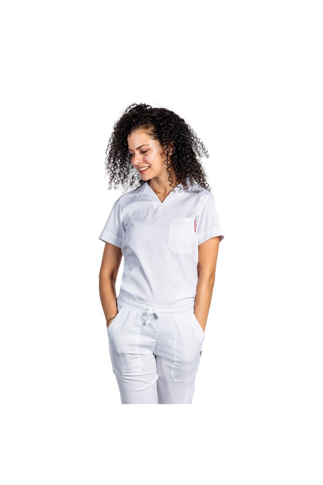 Costum medical stretch polo alb, cu bluza in V si pantaloni tip jogger, cu snur si elastic