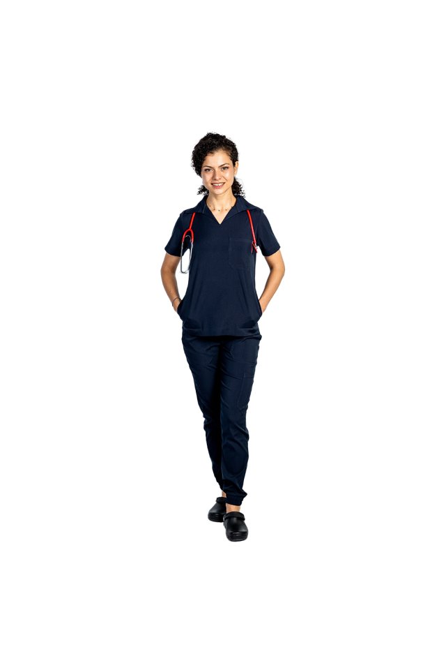 Costum medical stretch polo bleumarin, cu bluza in V si pantaloni tip jogger, cu snur si elastic