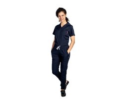 Costum medical stretch polo bleumarin, cu bluza in V si pantaloni tip jogger, cu snur si elastic