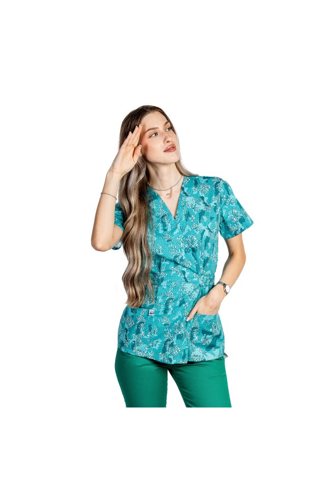 Costum medical kimono Green Army, bluza cu imprimeu si pantaloni cu elastic