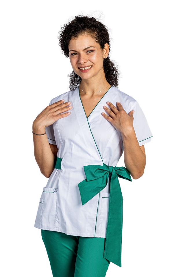 Halat medical kimono alb cu paspol verde si cordon cu legare tip fundita