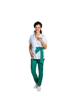 Costum medical kimono alb cu paspol verde si cordon cu legare tip fundita 