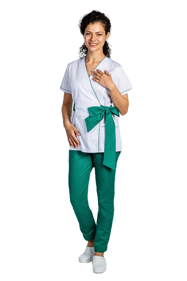 Costum medical kimono alb cu paspol verde si cordon cu legare tip fundita 