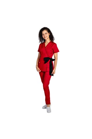 Costum medical kimono rosu cu paspol negru si cordon cu legare tip fundita 