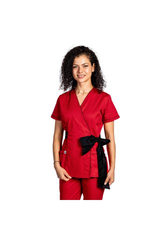 Costum medical kimono rosu cu paspol negru si cordon cu legare tip fundita 