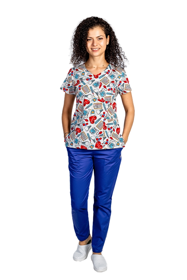 Costum medical Corazon, cu bluza cu imprimeu  si pantaloni cu elastic