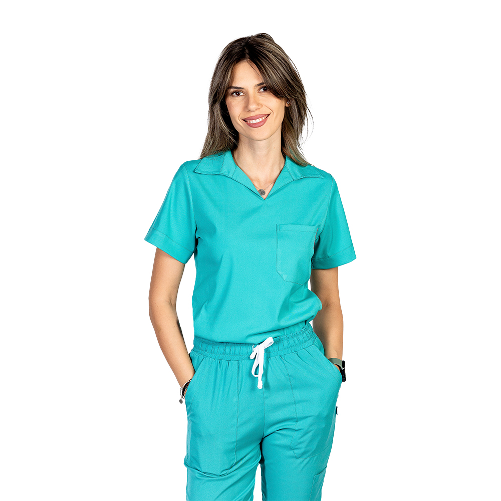 Costum medical stretch polo verde turcoaz, cu bluza in V si pantaloni tip jogger, cu snur si elastic