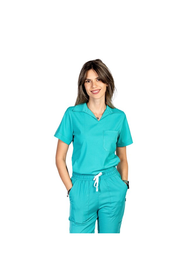 Costum medical stretch polo verde turcoaz, cu bluza in V si pantaloni tip jogger, cu snur si elastic