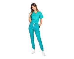 Costum medical stretch polo verde turcoaz, cu bluza in V si pantaloni tip jogger, cu snur si elastic