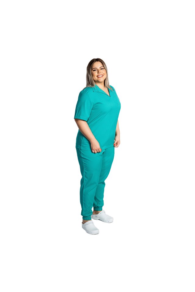 Costum medical stretch polo verde turcoaz, cu bluza in V si pantaloni tip jogger, cu snur si elastic