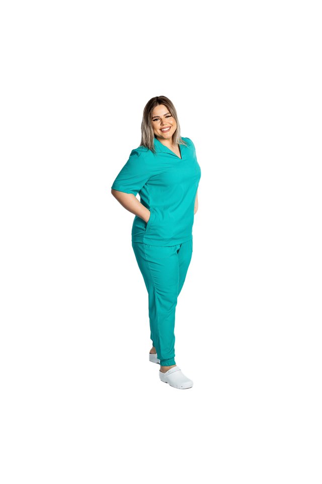 Costum medical stretch polo verde turcoaz, cu bluza in V si pantaloni tip jogger, cu snur si elastic