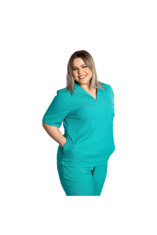 Costum medical stretch polo verde turcoaz, cu bluza in V si pantaloni tip jogger, cu snur si elastic