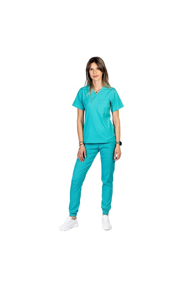 Costum medical stretch polo verde turcoaz, cu bluza in V si pantaloni tip jogger, cu snur si elastic