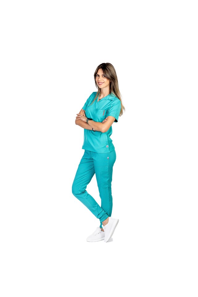 Costum medical stretch polo verde turcoaz, cu bluza in V si pantaloni tip jogger, cu snur si elastic