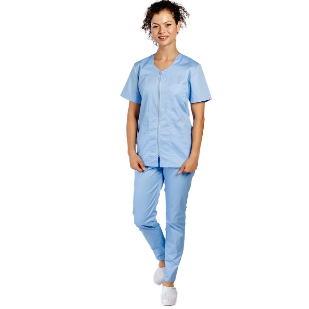 Costum medical bleu cu bluza cu fermoar cambrata, trei buzunare aplicate si pantaloni bleu cu elastic