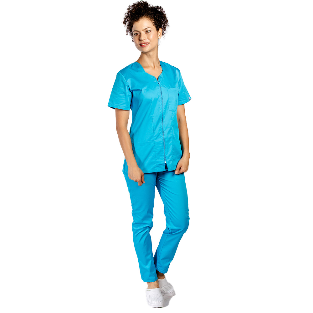 Costum medical turcoaz , bluza cu fermoar cambrata, trei buzunare si pantaloni cu elastic