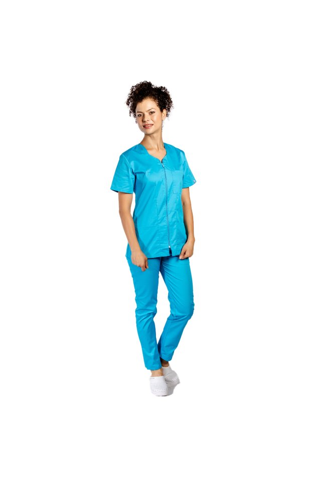 Costum medical turcoaz , bluza cu fermoar cambrata, trei buzunare si pantaloni cu elastic