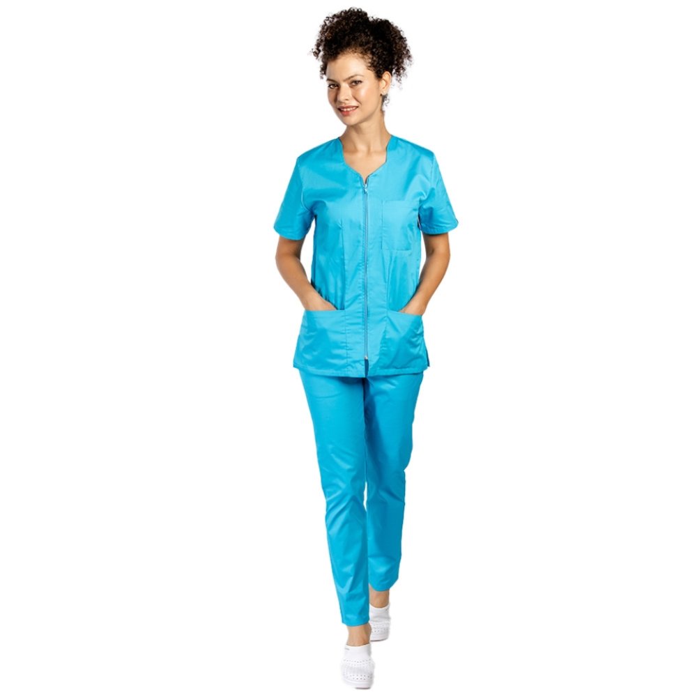 Costum medical turcoaz , bluza cu fermoar cambrata, trei buzunare si pantaloni cu elastic