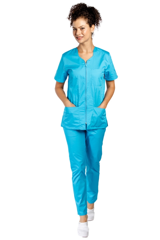 Costum medical turcoaz , bluza cu fermoar cambrata, trei buzunare si pantaloni cu elastic