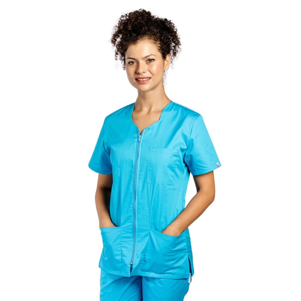 Outlet Halat medical turcoaz cu fermoar cambrata cu doua buzunare aplicate