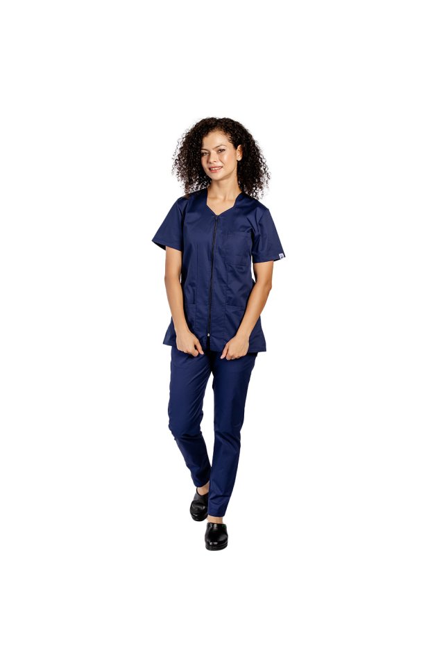 Costum medical bleumarin, bluza cu fermoar cambrata,trei buzunare si pantaloni cu elastic