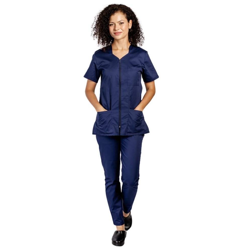 Costum medical bleumarin, bluza cu fermoar cambrata,trei buzunare si pantaloni cu elastic