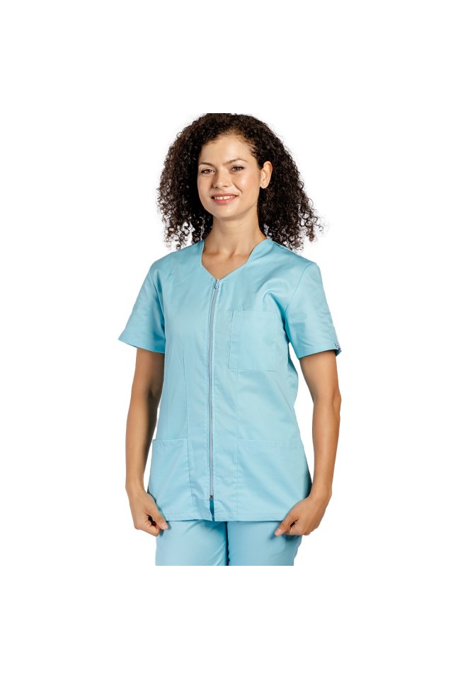 Costum medical menta cu bluza cu fermoar cambrata, trei buzunare aplicate si pantaloni menta cu elastic