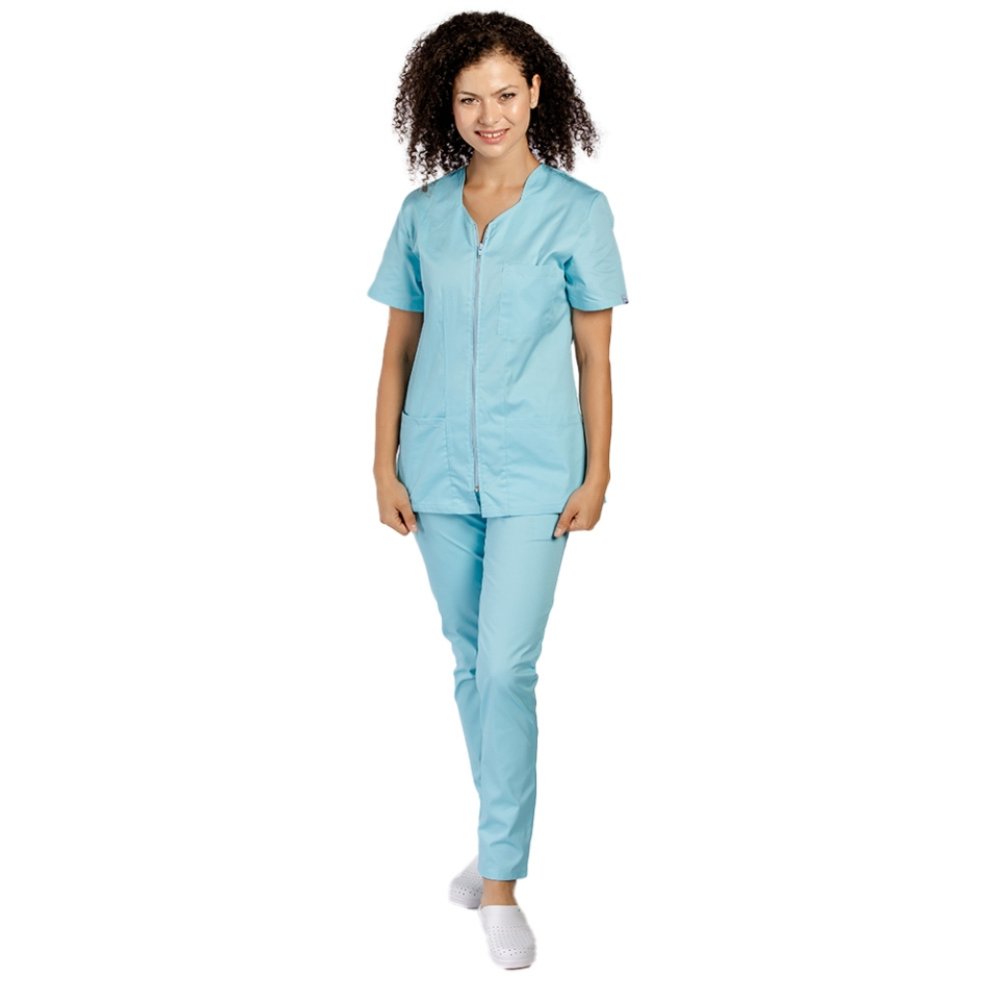 Costum medical menta cu bluza cu fermoar cambrata, trei buzunare aplicate si pantaloni menta cu elastic