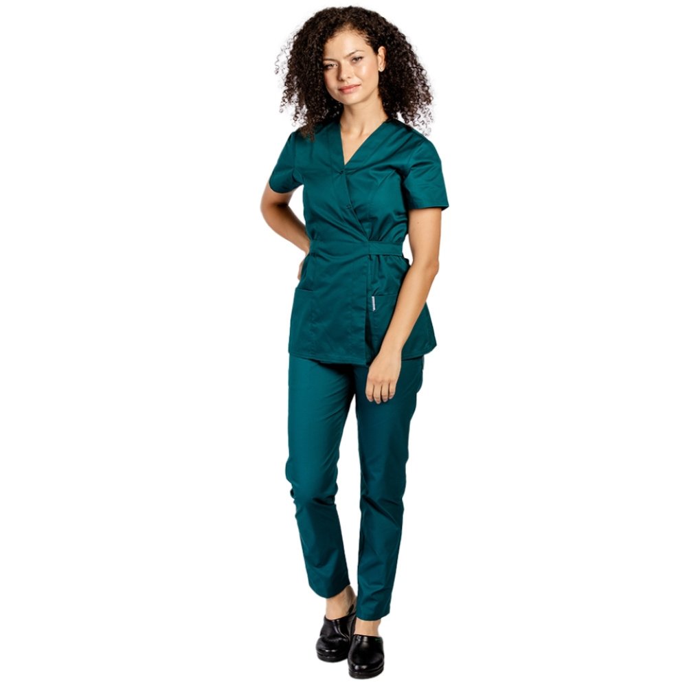 Costum medical verde tuborg, cu bluza tip kimono si pantaloni verzi cu elastic